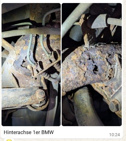 Stark korrodierte Hinterachse eines BMW 1er — typisches HU-Risiko bei älteren Fahrzeugen